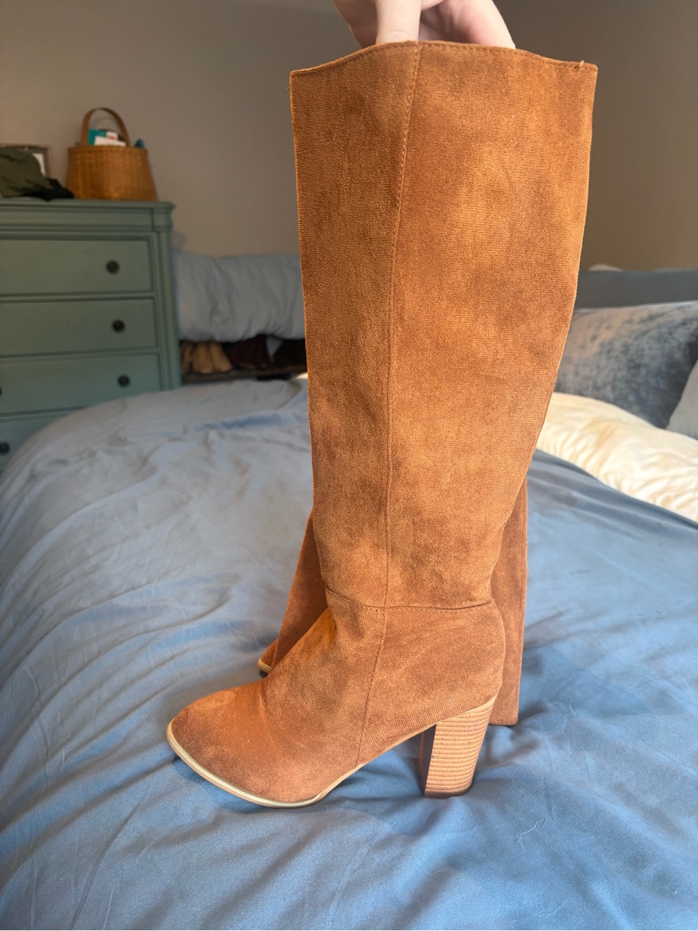 Amazon Women's Tall Suede Block Heel Boots - Cognac Brown